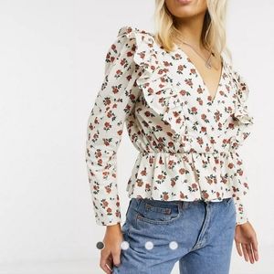 Rose patterned peplum cotton top with frill ruffle details